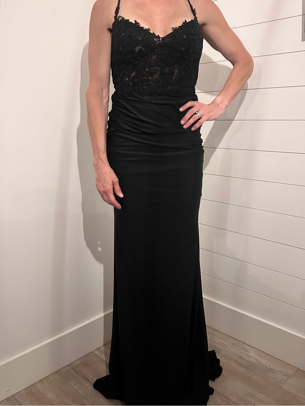 La Femme Black Lace Bodice Spaghetti Strap Prom Gown